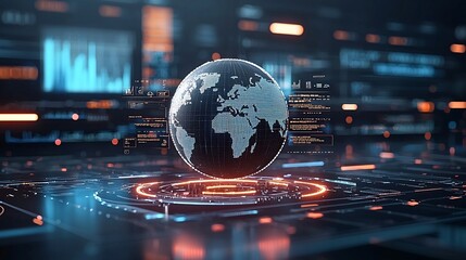 Fototapete - Abstract of a digital globe surrounded by policy documents representing the concept of global economic governance and the of international frameworks systems