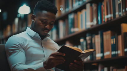 Minority business owner reading a detailed guide on financial growth strategies in a quiet library corner