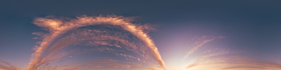 Wall Mural - sunset sky with bright glowing pink cirrus clouds. seamless spherical hdr 360 panorama. full zenith 