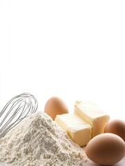 Poster - Flour, fresh eggs, butter, and a whisk are neatly arranged on a white background, perfect for any baking project. Generative AI