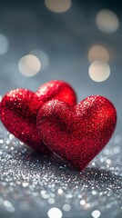 Poster - Sparkling red hearts create a romantic atmosphere with soft bokeh background