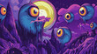 © Thiago - Technicolor dreamscape of cartoon psychedelia, electric purple backdrop pulsates with omnipresent eyes, acid-trip aesthetics push visual boundaries. Dreamscape. Illustration