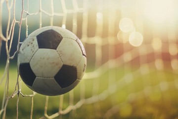 Wall Mural - Soccer ball rests on grass near goalpost at sunset during a warm afternoon match