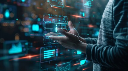 A man interacting with a digital interface on a futuristic background.