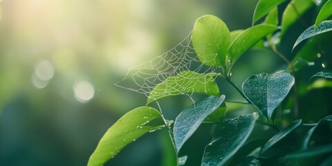 Delicate spider web delicately woven amid the leaves, showcasing the intricate beauty of nature s artistry with the subtle elegance of a spider web nestled in the greenery.
