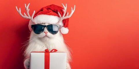 Wall Mural - merry christmas concept holiday vacation winter greeting card - cool cat with santa hat and giftbox 