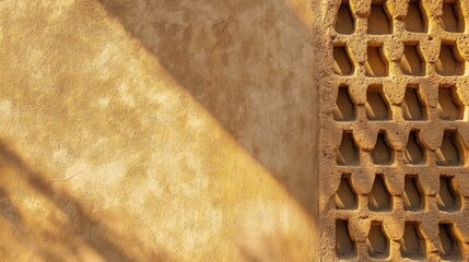a close-up photo of diriyah mud-brick walls in riyadh, showing the layered textures and architectura