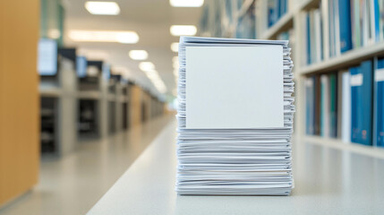 stack of blank documents on table in modern office environment, surrounded by shelves filled with files. scene conveys sense of organization and readiness for work