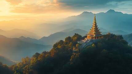 Wall Mural - Golden Pagoda Sunset Mountaintop Serenity