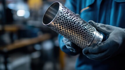 Wall Mural - A mechanic holds a three-way catalytic converter, displaying its metallic casing and intricate honeycomb interior