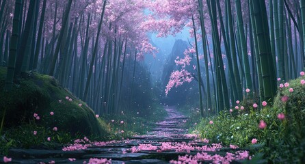 Wall Mural - A bamboo forest with pink cherry blossoms in the background