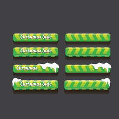 Wall Mural - Christmas vector green glossy buttons set isolated on grey background. Web green christmas sale buttons with snow, snow flakes, ice border
