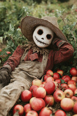 A scarecrow with a skeletal face relaxes among fresh apples in a lush orchard, blending themes of harvest and autumnal whimsy.