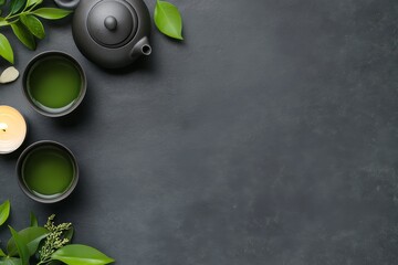 Canvas Print - Tranquil tea preparation on a dark surface with soothing elements and natural decor