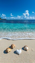 Wall Mural - a serene beach scene featuring seashells arranged in a heart shape on fine sand, with turquoise wate