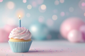 Wall Mural - Cupcake with candle stands on a table with soft pastel balloons in the background