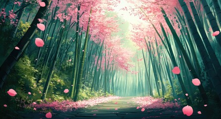 Wall Mural - Anime-inspired background art depicting pink cherry blossom trees and a green bamboo forest