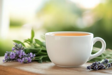 Canvas Print - Relaxing moment with herbal tea and fresh lavender on a wooden table in natural light