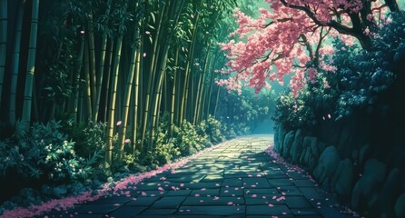 Wall Mural - Anime-inspired background art depicting pink cherry blossom trees and a green bamboo forest