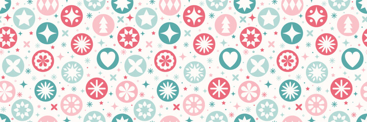 Wall Mural - christmas background in minimalist style. colourful ornament with balls, stars and snowflakes. seaml