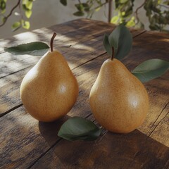 Wall Mural - Pears resting on a rustic wooden surface against a warm, textured background