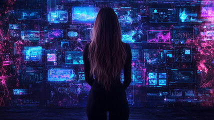 Aufkleber - woman stands in front of vibrant digital display filled with animated data and graphs, creating futuristic and immersive atmosphere