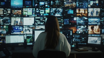 Aufkleber - woman sits in front of multiple screens displaying various digital content, immersed in high tech environment. room is dimly lit, highlighting vibrant screens