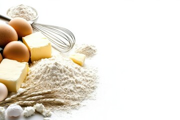 Poster - Flour, eggs, butter, and a whisk are neatly arranged on a white background, providing a clean workspace for baking activities. Generative AI