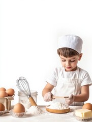Poster - Young chef in white apron measures flour, surrounded by baking essentials like eggs and butter, ready to create delicious cookies. Generative AI