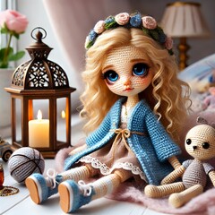 Wall Mural - Adorable handmade crochet doll with blue eyes and floral crown, sitting next to a teddy bear and a lit candle lantern