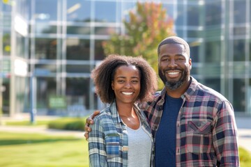 Wall Mural - Portrait of a cheerful afro-american couple in their 30s dressed in a relaxed flannel shirt while standing against modern university campus background