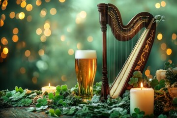 Wall Mural - Irish harp, beer and candles celebrating saint patrick's day with shamrocks and bokeh lights