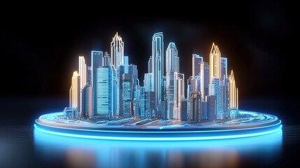 Wall Mural - Hologram of glowing city skyline with light streams