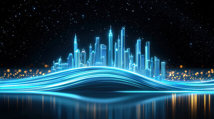 Wall Mural - Hologram of glowing city skyline with light streams