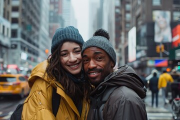 Wall Mural - Portrait of a blissful mixed race couple in their 30s wearing a functional windbreaker isolated in bustling city street background