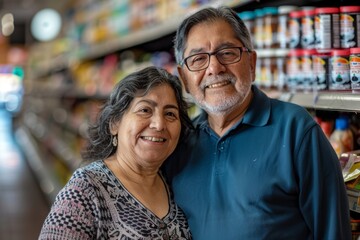 Wall Mural - Portrait of a grinning latino couple in their 50s showing off a thermal merino wool top in front of busy supermarket aisle background