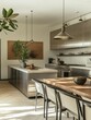 © Alain - Modern Kitchen with Stainless Steel Island, Wood Dining Table, and Minimalist Decor