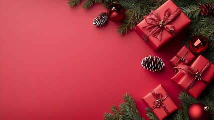 Wall Mural - festive red christmas gifts adorned with ribbons, surrounded by pine branches, ornaments, and pineco