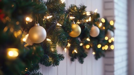 Wall Mural - Festive Christmas tree adorned with golden and white baubles, twinkling lights creating a warm glow against white wooden background, evoking holiday cheer.