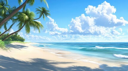 Wall Mural - Quiet beach on a small island with coconut palms and gentle waves, copy space provided