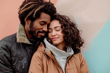 Sticker - Portrait of a tender multiethnic couple in their 20s wearing a functional windbreaker in front of pastel or soft colors background