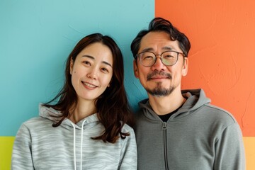 Sticker - Portrait of a merry asian couple in their 40s wearing a zip-up fleece hoodie while standing against pastel or soft colors background