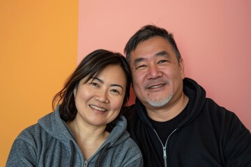 Sticker - Portrait of a merry asian couple in their 40s wearing a zip-up fleece hoodie on pastel or soft colors background