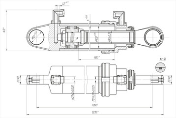 Wall Mural - vector mechanical part of machine - hydraulic cylinder. engineering assembly drawing of steel device