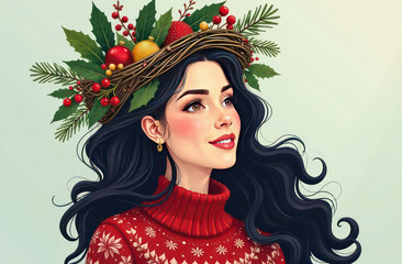 Wall Mural - A beautiful dark-haired woman, in her hair she has an intricate nest of leaves and branches of fir, berries and leaves, and Christmas decorations. In her nest she has brightly colored garlands.