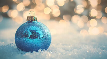 Wall Mural - Sparkling Blue Christmas Ornament on Soft Snow