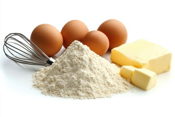 Poster - Baking essentials like flour, fresh eggs, a whisk, and butter are neatly arranged on a white background, leaving room for additional text. Generative AI