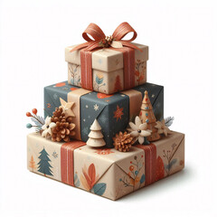 Wall Mural - A stack of festively wrapped Christmas presents with ribbons and ornaments