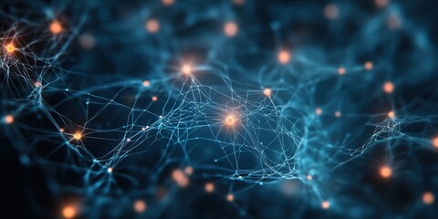 Fototapete - A vibrant network of interconnected lines and nodes, resembling a digital ecosystem or neural network, illuminated by glowing points of light.