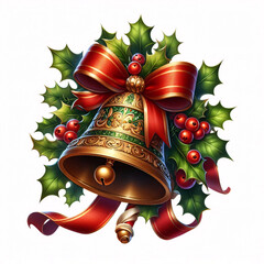 Wall Mural - A festive Christmas bell adorned with holly leaves, red berries, and a golden bow